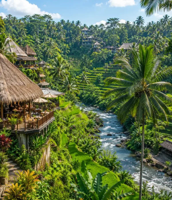 Ubud Bali with green rice terraces, tropical jungle, traditional Balinese temple, and bright morning atmosphere.