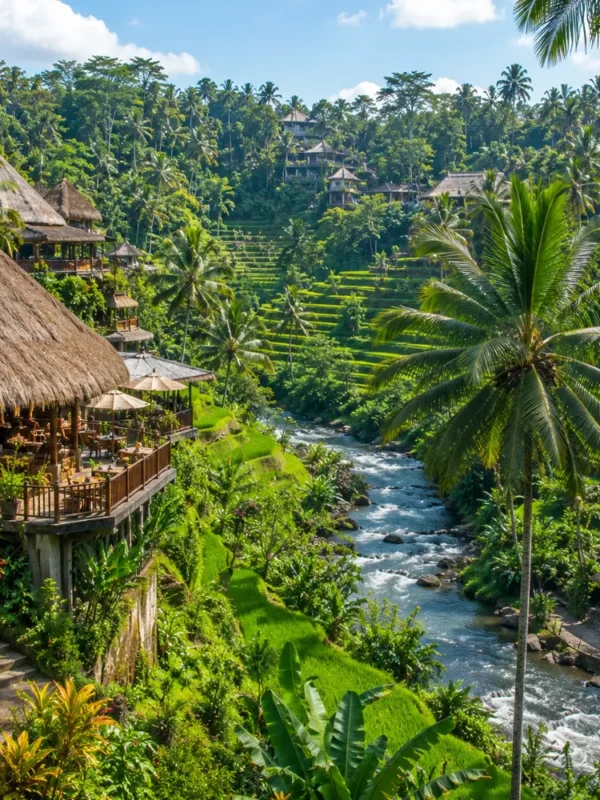 Ubud Bali with green rice terraces, tropical jungle, traditional Balinese temple, and bright morning atmosphere.