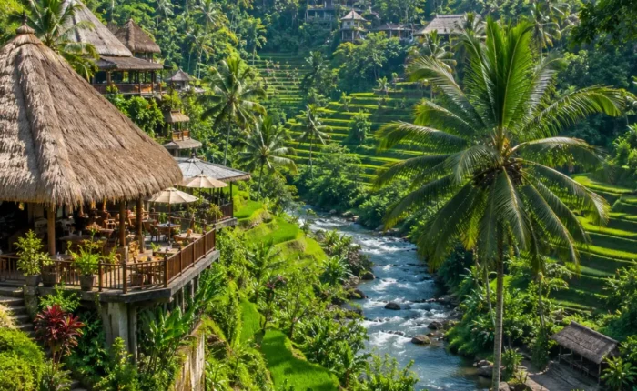 Ubud Bali with green rice terraces, tropical jungle, traditional Balinese temple, and bright morning atmosphere.