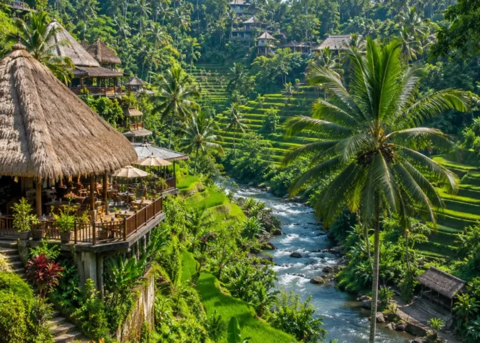 Ubud Bali with green rice terraces, tropical jungle, traditional Balinese temple, and bright morning atmosphere.