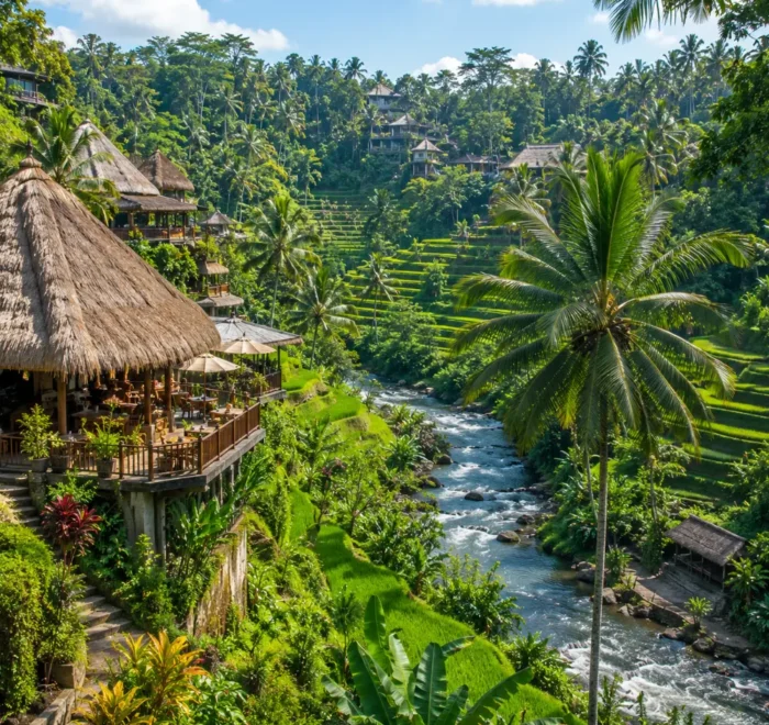 Ubud Bali with green rice terraces, tropical jungle, traditional Balinese temple, and bright morning atmosphere.