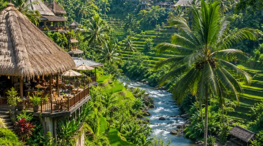 Ubud Bali with green rice terraces, tropical jungle, traditional Balinese temple, and bright morning atmosphere.