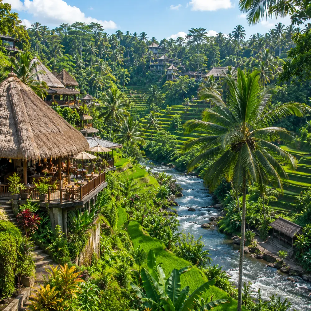 Ubud Bali with green rice terraces, tropical jungle, traditional Balinese temple, and bright morning atmosphere.