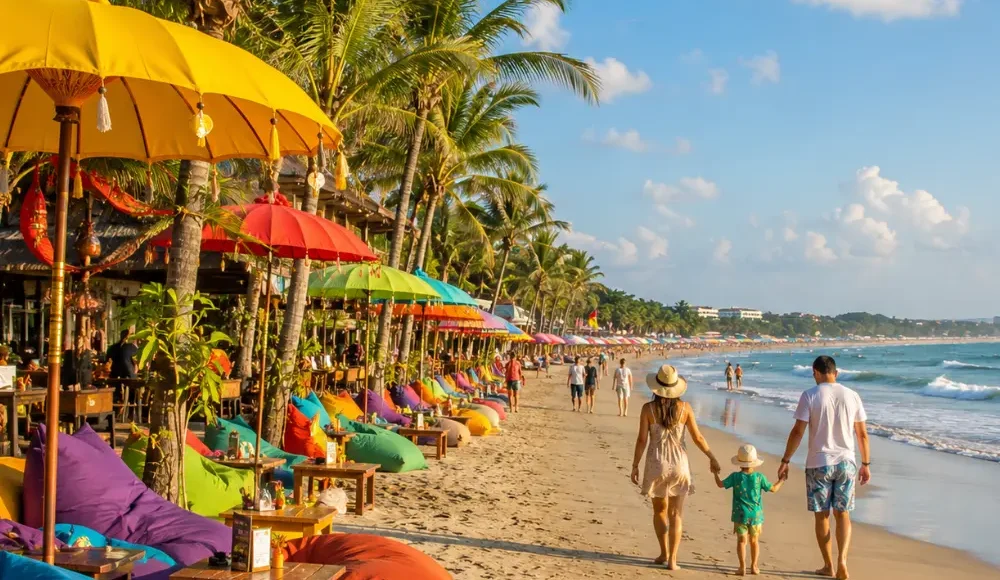 Seminyak Bali family beach tour with luxury resort pool, sandy beach, tropical palms, and bright morning atmosphere.