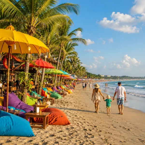Seminyak Bali family beach tour with luxury resort pool, sandy beach, tropical palms, and bright morning atmosphere.
