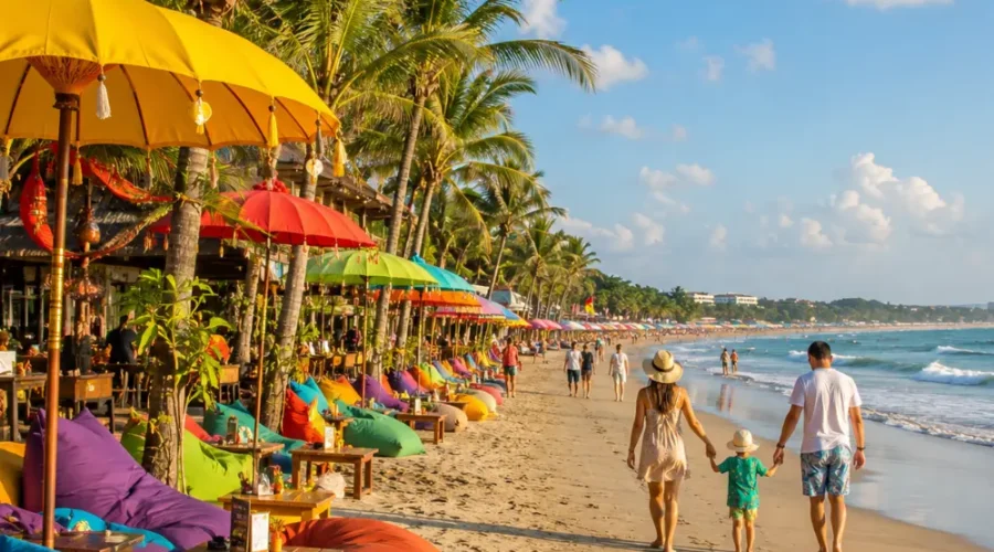 Seminyak Bali family beach tour with luxury resort pool, sandy beach, tropical palms, and bright morning atmosphere.
