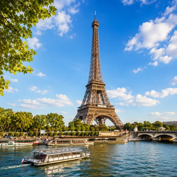 Eiffel Tower in Paris with elegant gardens, classic city views, clear sky, and bright morning European atmosphere.