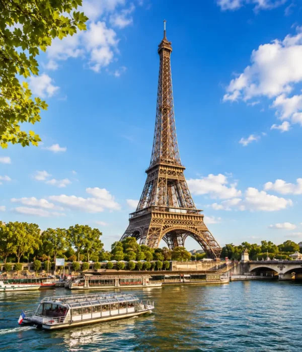 Eiffel Tower in Paris with elegant gardens, classic city views, clear sky, and bright morning European atmosphere.