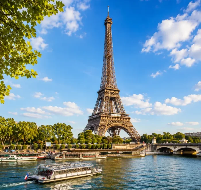 Eiffel Tower in Paris with elegant gardens, classic city views, clear sky, and bright morning European atmosphere.
