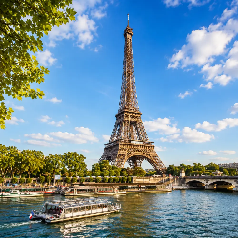 Eiffel Tower in Paris with elegant gardens, classic city views, clear sky, and bright morning European atmosphere.