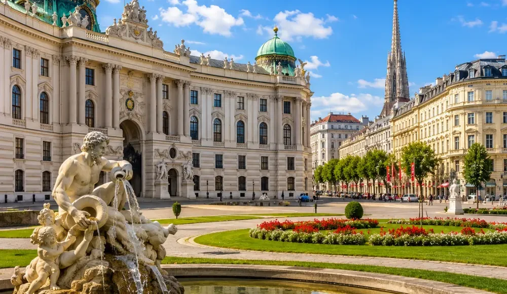 Vienna Austria with Schönbrunn Palace, baroque gardens, historic architecture, and bright morning European atmosphere.
