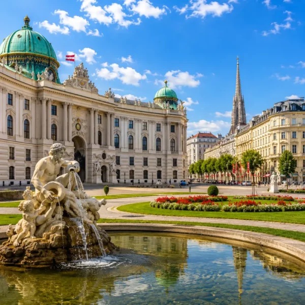 Vienna Austria with Schönbrunn Palace, baroque gardens, historic architecture, and bright morning European atmosphere.