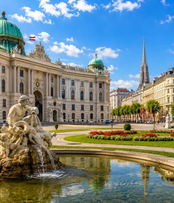 Vienna Austria with Schönbrunn Palace, baroque gardens, historic architecture, and bright morning European atmosphere.