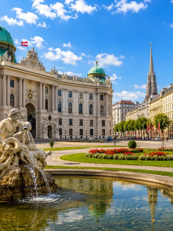 Vienna Austria with Schönbrunn Palace, baroque gardens, historic architecture, and bright morning European atmosphere.