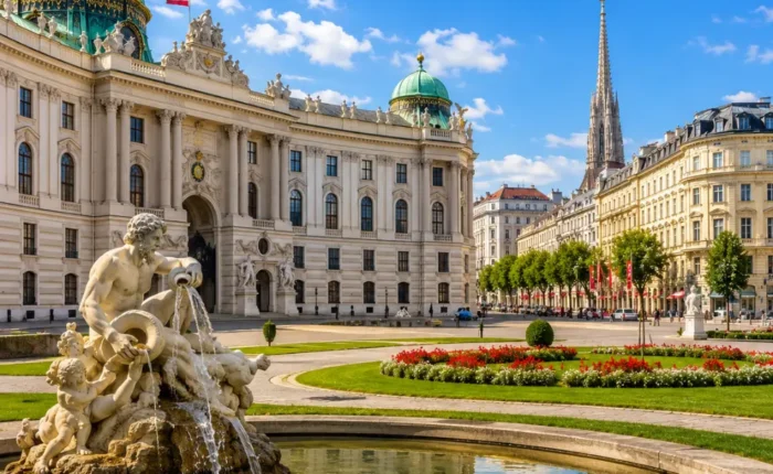 Vienna Austria with Schönbrunn Palace, baroque gardens, historic architecture, and bright morning European atmosphere.