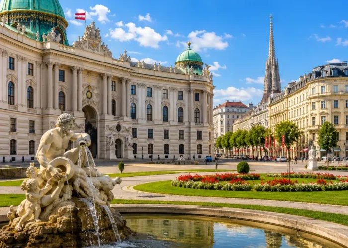 Vienna Austria with Schönbrunn Palace, baroque gardens, historic architecture, and bright morning European atmosphere.