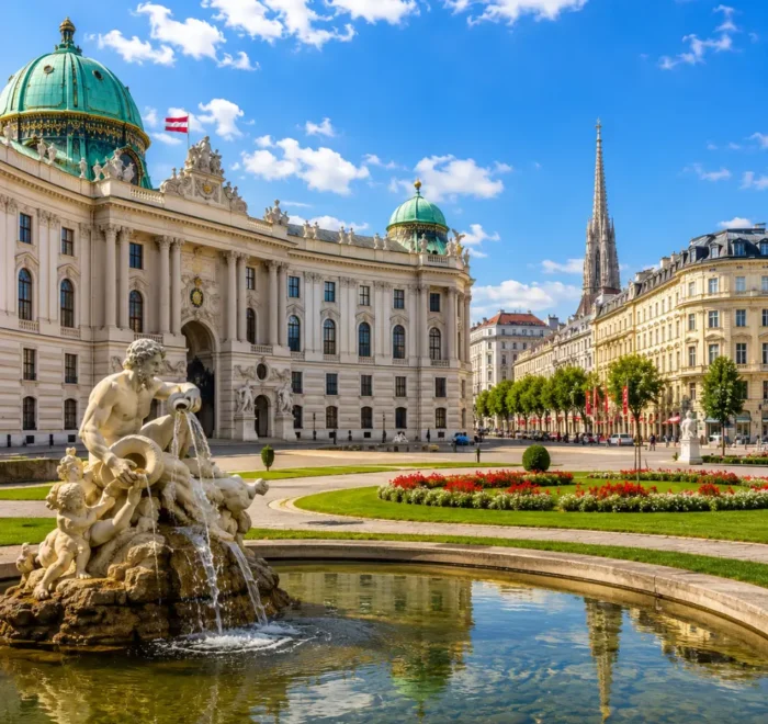 Vienna Austria with Schönbrunn Palace, baroque gardens, historic architecture, and bright morning European atmosphere.