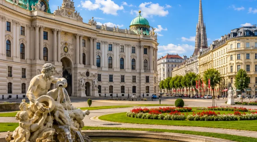 Vienna Austria with Schönbrunn Palace, baroque gardens, historic architecture, and bright morning European atmosphere.