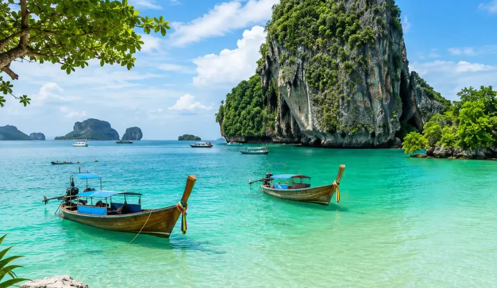 Phuket Thailand with turquoise beach, limestone cliffs, luxury resort scenery, tropical palms, and bright morning atmosphere.