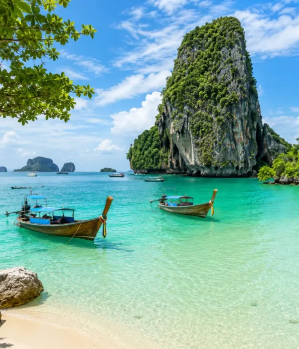 Phuket Thailand with turquoise beach, limestone cliffs, luxury resort scenery, tropical palms, and bright morning atmosphere.