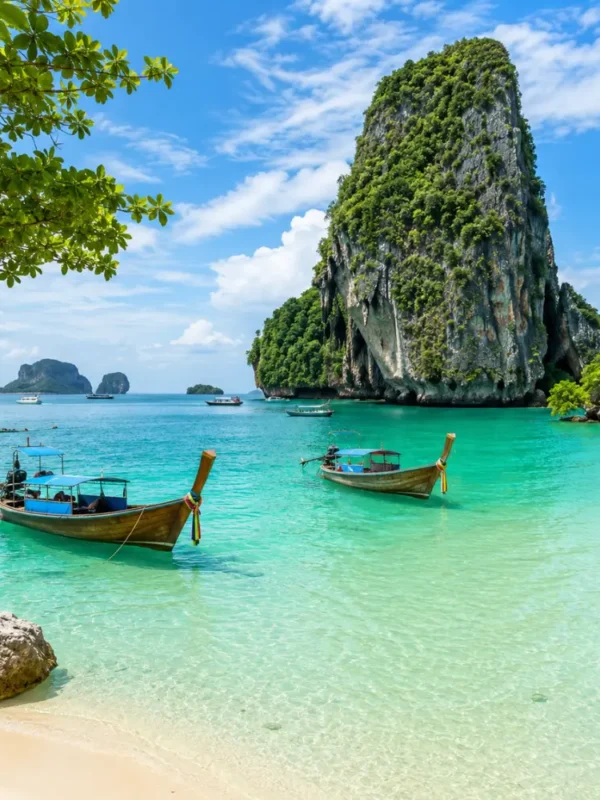 Phuket Thailand with turquoise beach, limestone cliffs, luxury resort scenery, tropical palms, and bright morning atmosphere.