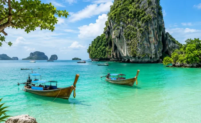 Phuket Thailand with turquoise beach, limestone cliffs, luxury resort scenery, tropical palms, and bright morning atmosphere.