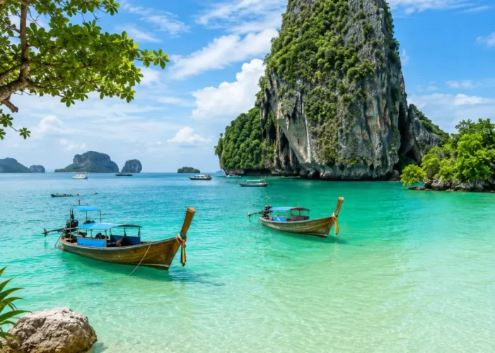 Phuket Thailand with turquoise beach, limestone cliffs, luxury resort scenery, tropical palms, and bright morning atmosphere.