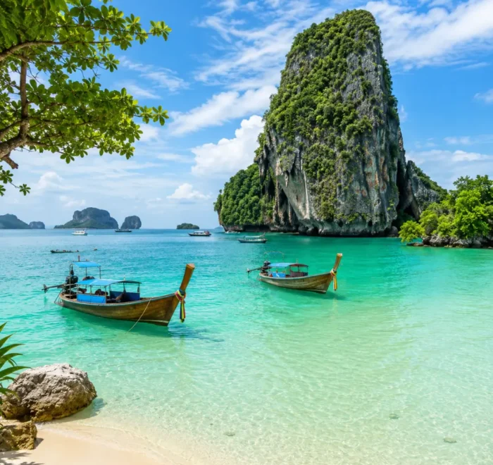 Phuket Thailand with turquoise beach, limestone cliffs, luxury resort scenery, tropical palms, and bright morning atmosphere.