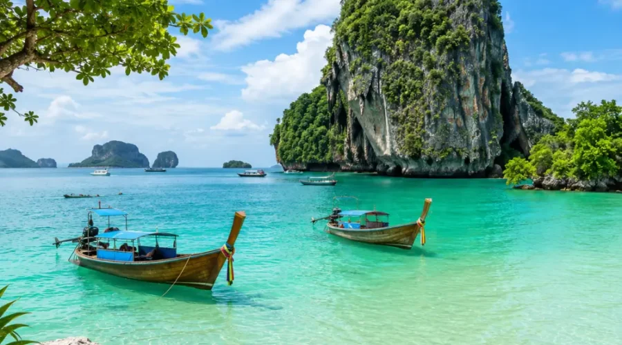 Phuket Thailand with turquoise beach, limestone cliffs, luxury resort scenery, tropical palms, and bright morning atmosphere.