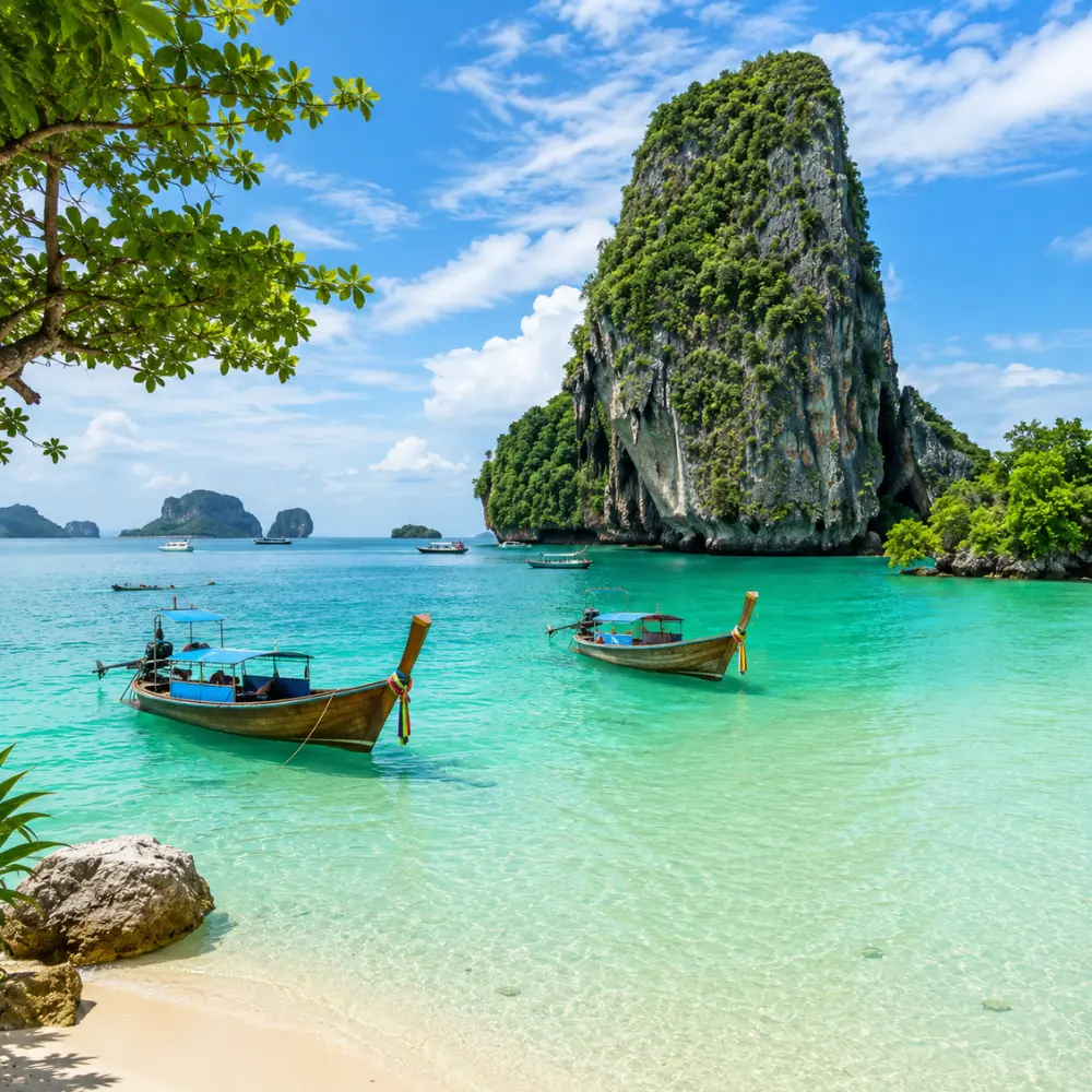 Phuket Thailand with turquoise beach, limestone cliffs, luxury resort scenery, tropical palms, and bright morning atmosphere.