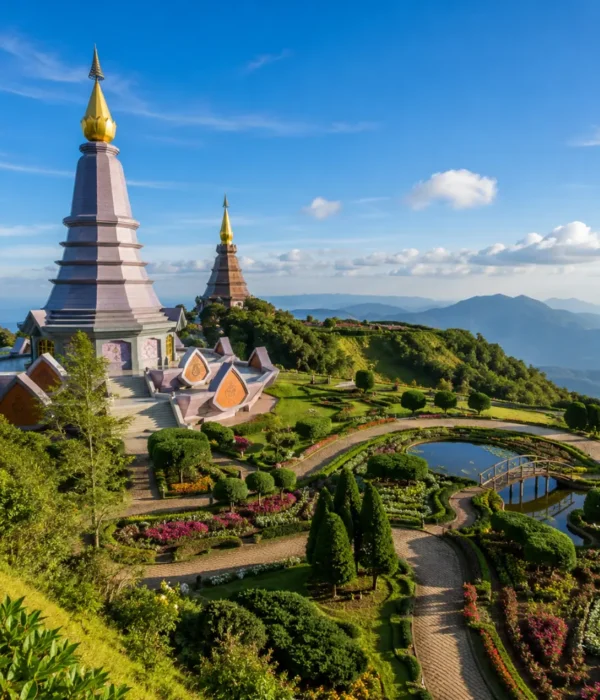 Chiang Mai Thailand with mountain temple, lush green hills, golden pagoda, and bright morning cultural atmosphere.