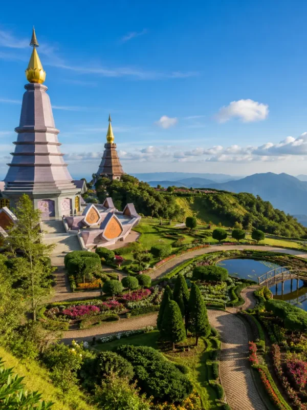 Chiang Mai Thailand with mountain temple, lush green hills, golden pagoda, and bright morning cultural atmosphere.