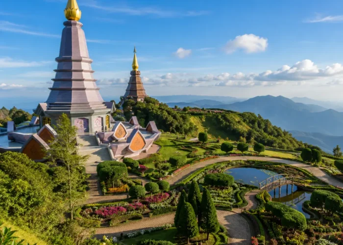 Chiang Mai Thailand with mountain temple, lush green hills, golden pagoda, and bright morning cultural atmosphere.