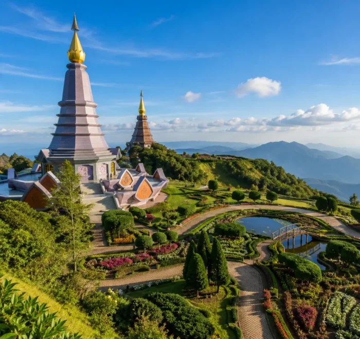 Chiang Mai Thailand with mountain temple, lush green hills, golden pagoda, and bright morning cultural atmosphere.