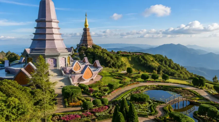 Chiang Mai Thailand with mountain temple, lush green hills, golden pagoda, and bright morning cultural atmosphere.