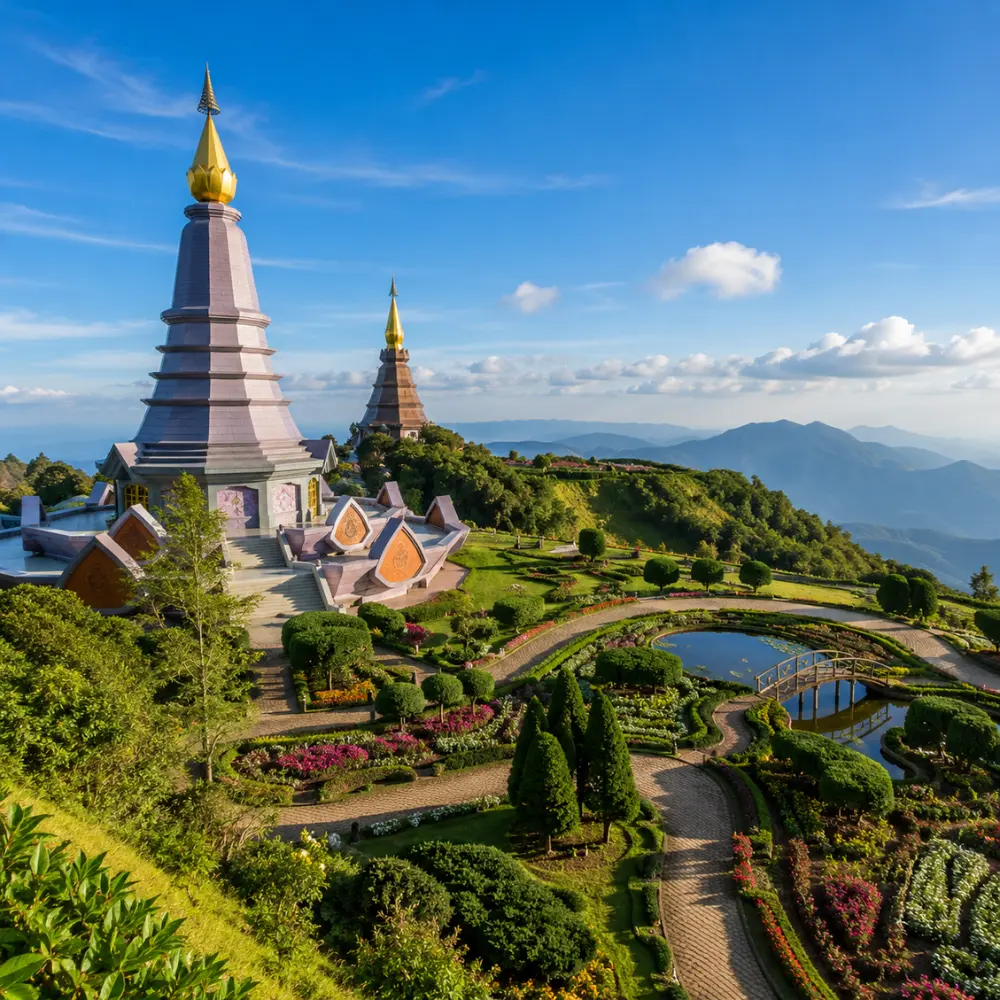 Chiang Mai Thailand with mountain temple, lush green hills, golden pagoda, and bright morning cultural atmosphere.