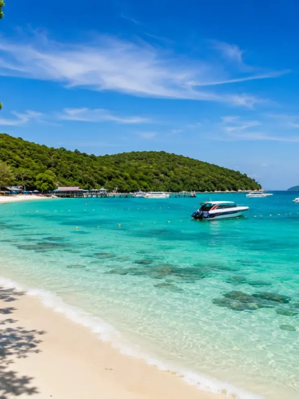 Pattaya Coral Island Thailand with turquoise sea, white sandy beach, speedboats, and bright morning tropical atmosphere.