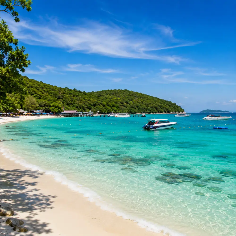 Pattaya Coral Island Thailand with turquoise sea, white sandy beach, speedboats, and bright morning tropical atmosphere.