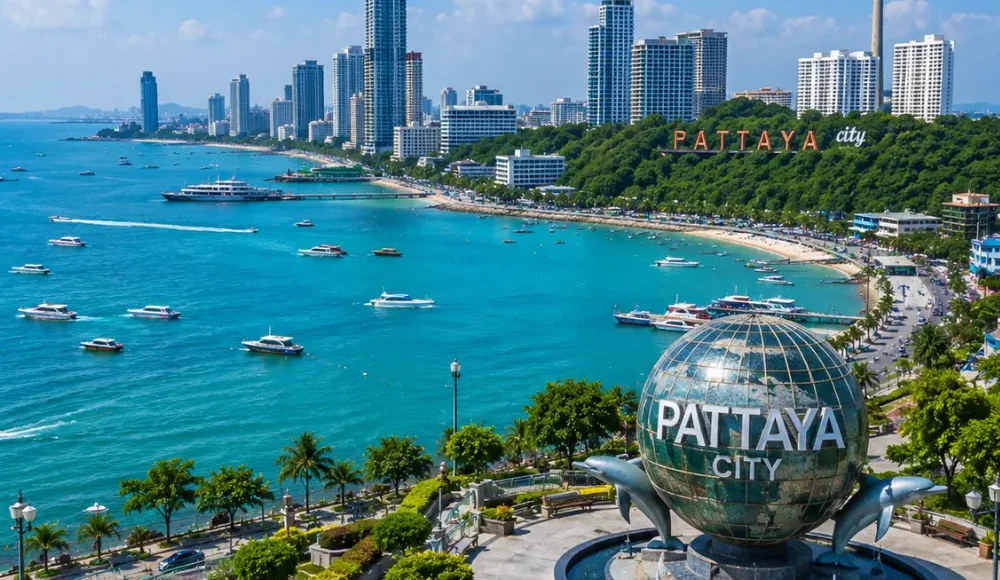 Pattaya city tour in Thailand with beach skyline, city viewpoint, turquoise sea, and bright morning travel atmosphere.