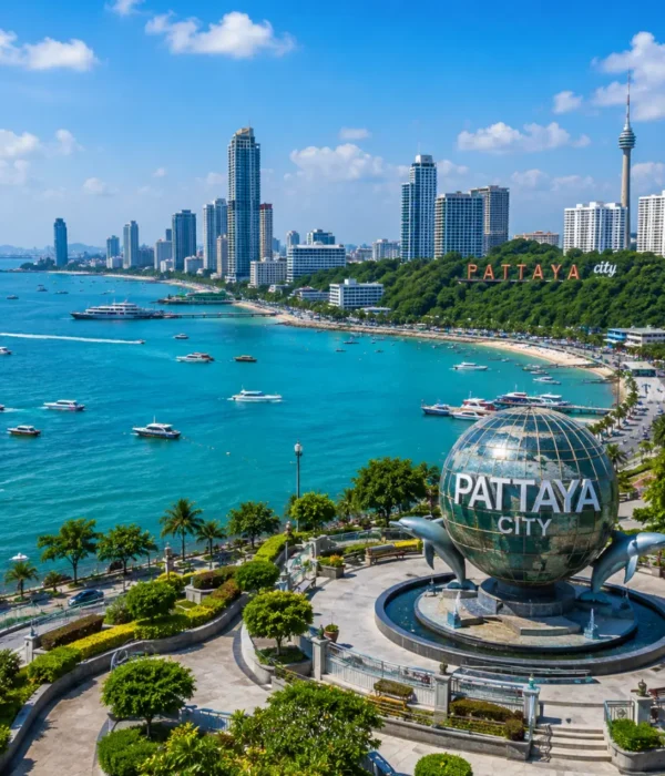 Pattaya city tour in Thailand with beach skyline, city viewpoint, turquoise sea, and bright morning travel atmosphere.
