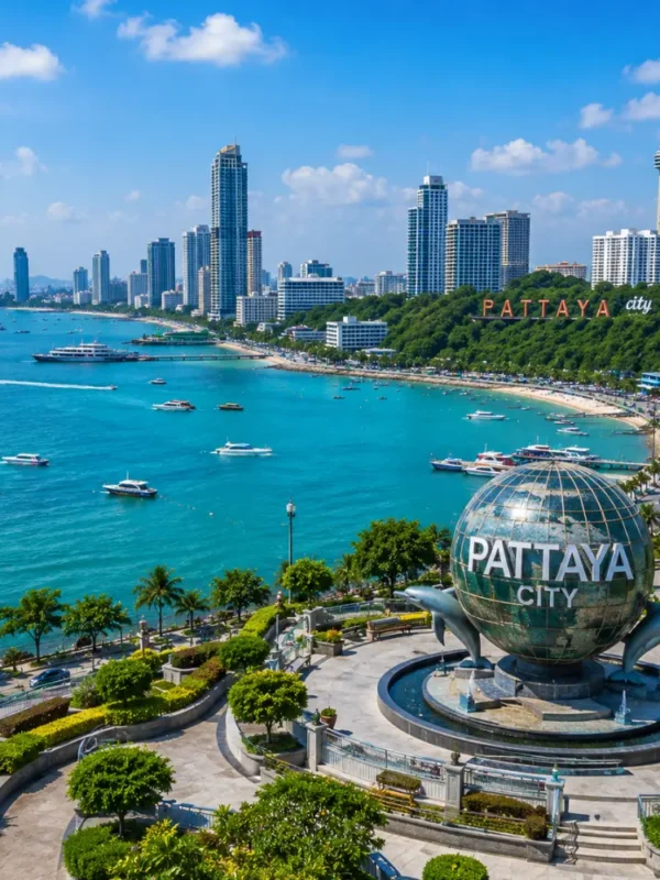 Pattaya city tour in Thailand with beach skyline, city viewpoint, turquoise sea, and bright morning travel atmosphere.