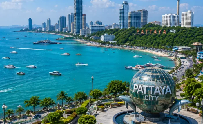 Pattaya city tour in Thailand with beach skyline, city viewpoint, turquoise sea, and bright morning travel atmosphere.