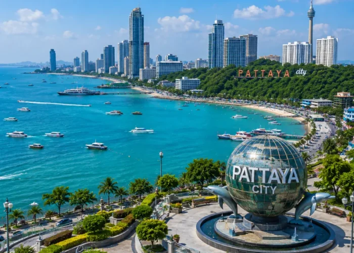 Pattaya city tour in Thailand with beach skyline, city viewpoint, turquoise sea, and bright morning travel atmosphere.