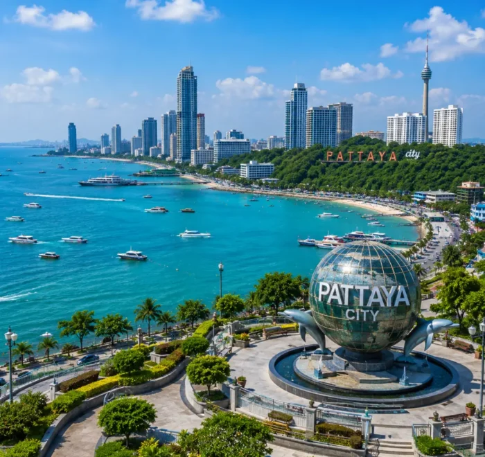 Pattaya city tour in Thailand with beach skyline, city viewpoint, turquoise sea, and bright morning travel atmosphere.