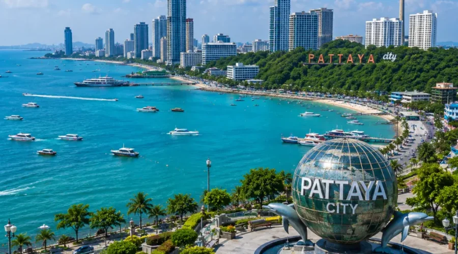 Pattaya city tour in Thailand with beach skyline, city viewpoint, turquoise sea, and bright morning travel atmosphere.