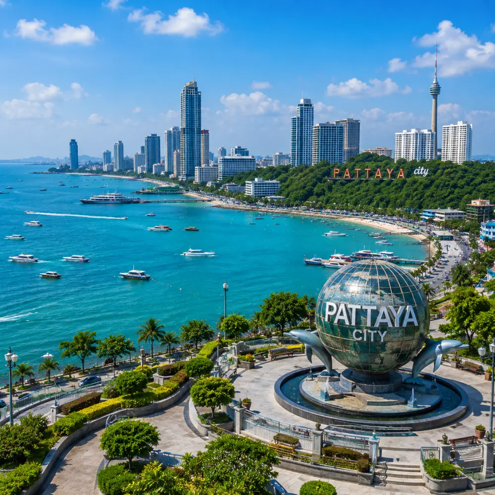 Pattaya city tour in Thailand with beach skyline, city viewpoint, turquoise sea, and bright morning travel atmosphere.