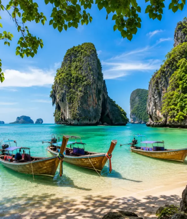 Krabi Thailand with limestone cliffs, turquoise sea, longtail boats, tropical beach, and bright morning island atmosphere.