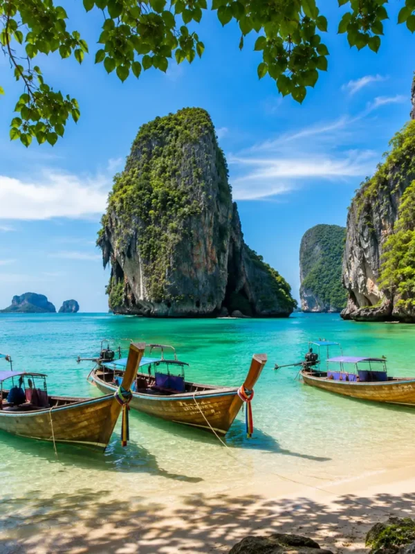 Krabi Thailand with limestone cliffs, turquoise sea, longtail boats, tropical beach, and bright morning island atmosphere.