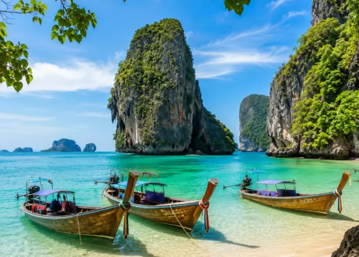 Krabi Thailand with limestone cliffs, turquoise sea, longtail boats, tropical beach, and bright morning island atmosphere.