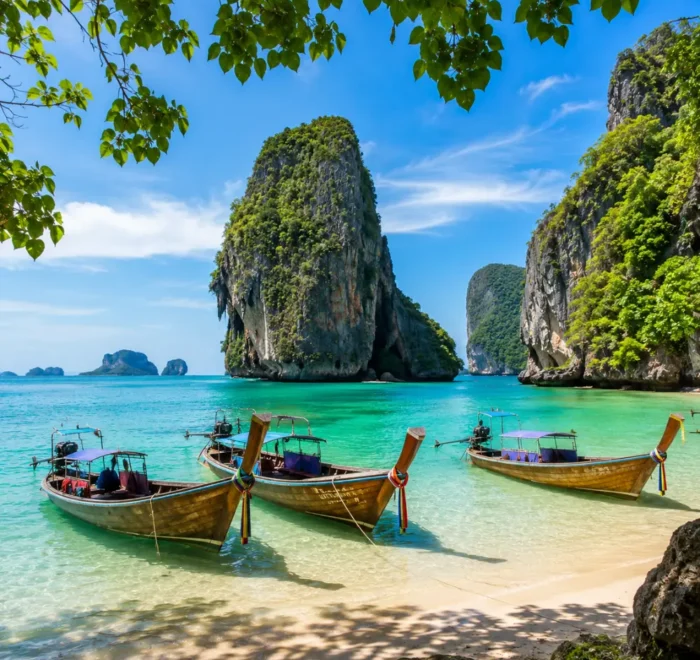 Krabi Thailand with limestone cliffs, turquoise sea, longtail boats, tropical beach, and bright morning island atmosphere.